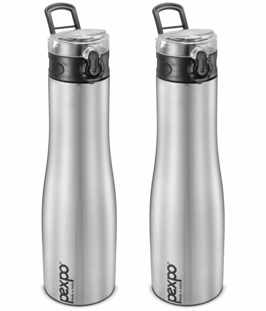     			PEXPO 1000 ml Stainless Steel Sports Water Bottle, Push Button Cap (Set of 2, Silver, Monaco)