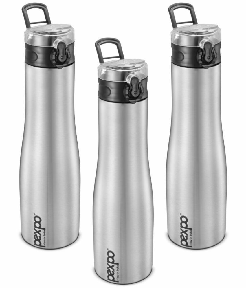     			PEXPO 1000 ml Stainless Steel Sports Water Bottle, Push Button Cap (Set of 3, Silver, Monaco)