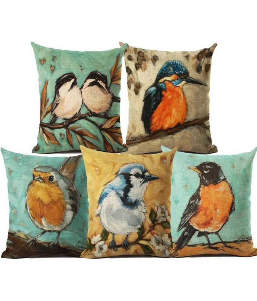     			Koli collections Set of 5 Jute Birds Square Cushion Cover (16X16)cm - Multicolor