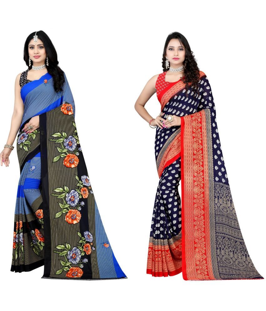     			LEELAVATI - Blue Georgette Saree With Blouse Piece ( Pack of 2 )