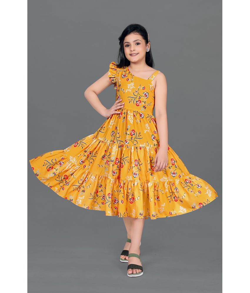     			Fashion Dream - Yellow Crepe Girls Tiered Dress ( Pack of 1 )