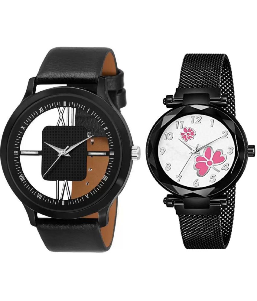     			newmen - Black Leather Analog Couple's Watch