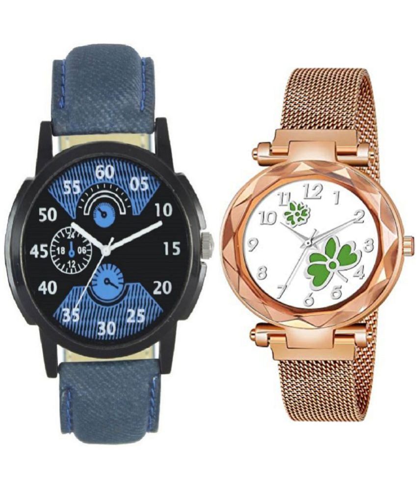     			newmen - Blue Leather Analog Couple's Watch