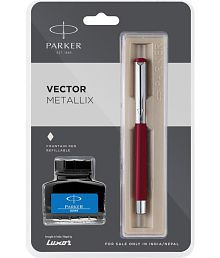 Parker Vector Metallix Red Body Color (Fine Nib )With Quink Ink Bottle Fountain Pen