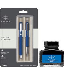 Parker Vector Standard Sets Fountain Pen Ball Pen - Blue With Blue Quink Ink Bottle (Pack Of 3, Blue)