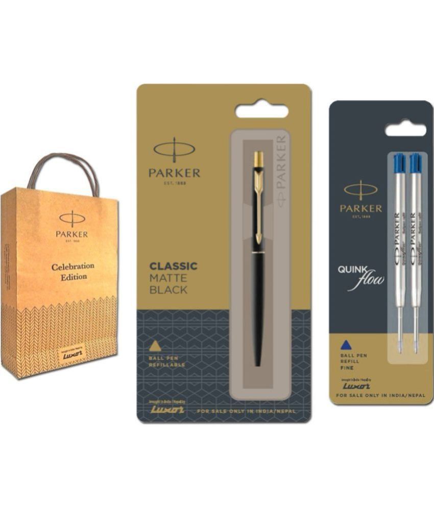     			Parker Classic Matte Black Ball Pen With Gold Plated Clip With Combo Flow Refill Ball Pen (Pack Of 2, Blue)