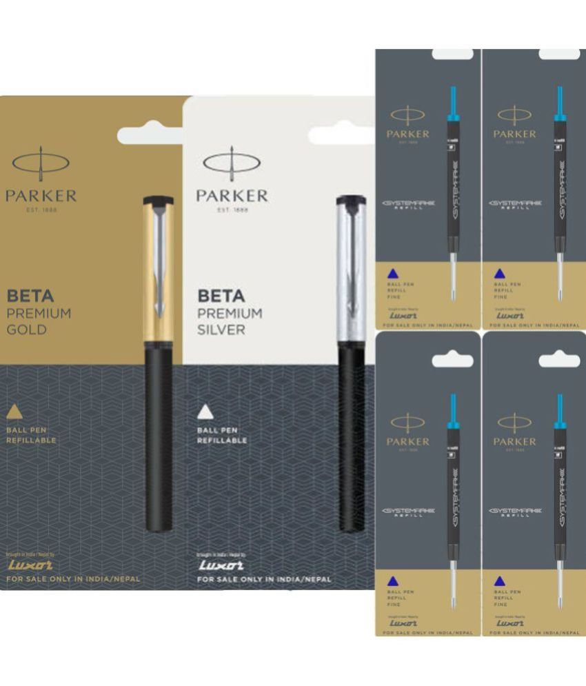     			Parker Beta Premium Gold/Silver (Combo Of 2 Pen & 4 Refills) Ball Pen (Pack Of 6, Blue)