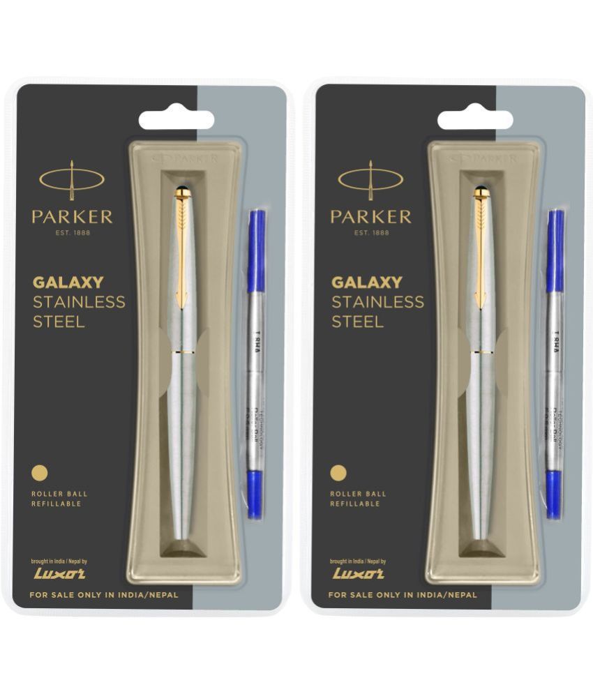     			Parker Galaxy Stainless Steel Gold Trim Roller Ball Pen (Pack Of 2, Blue)