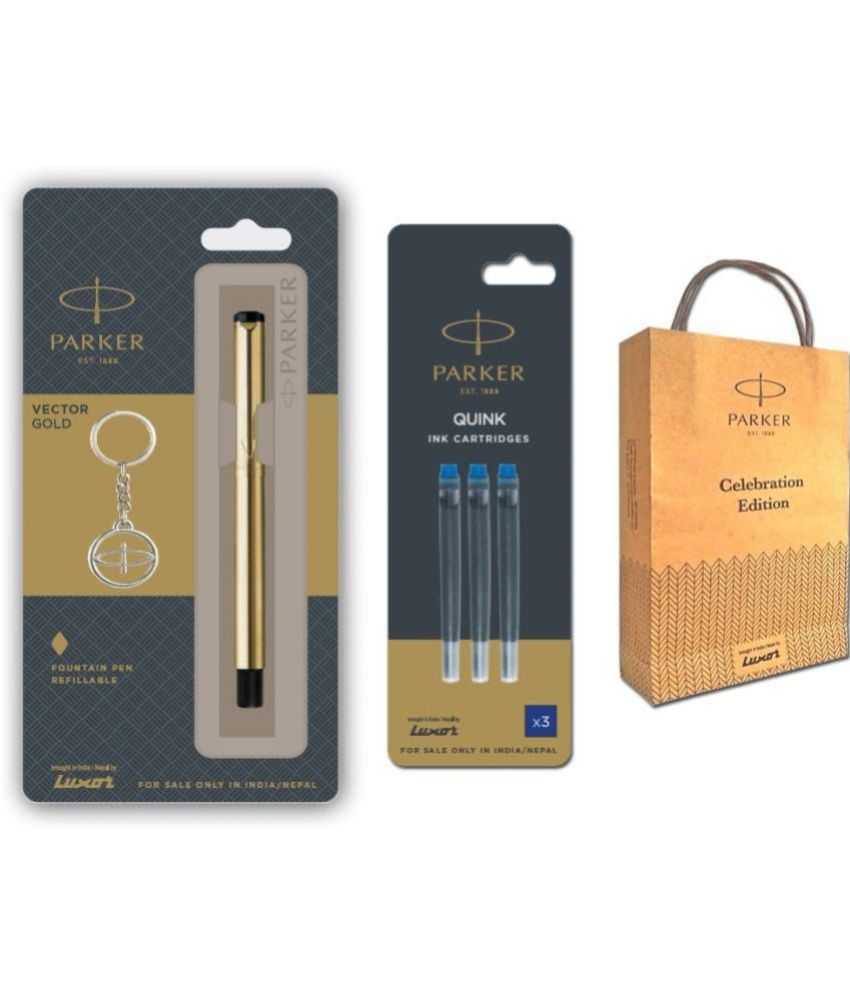     			Parker Vector Gold Fountain Pen With Blue Ink Cartridges And Gift Bag Ball Pen (Blue)