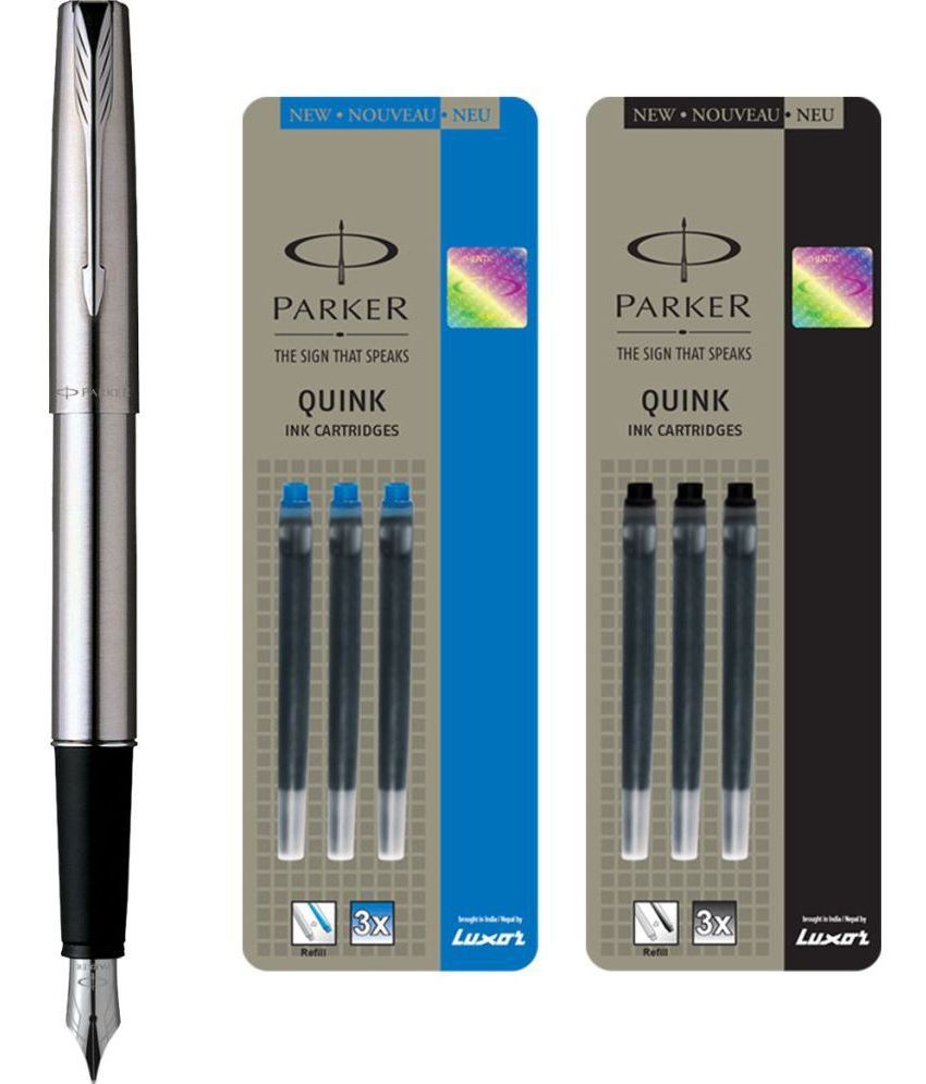     			Parker Frontier Stainless Steel Ct Fountain Pen With 3 Blue / 3Black Quink Ink Cartridge (Pack Of 3, Blue, Black)