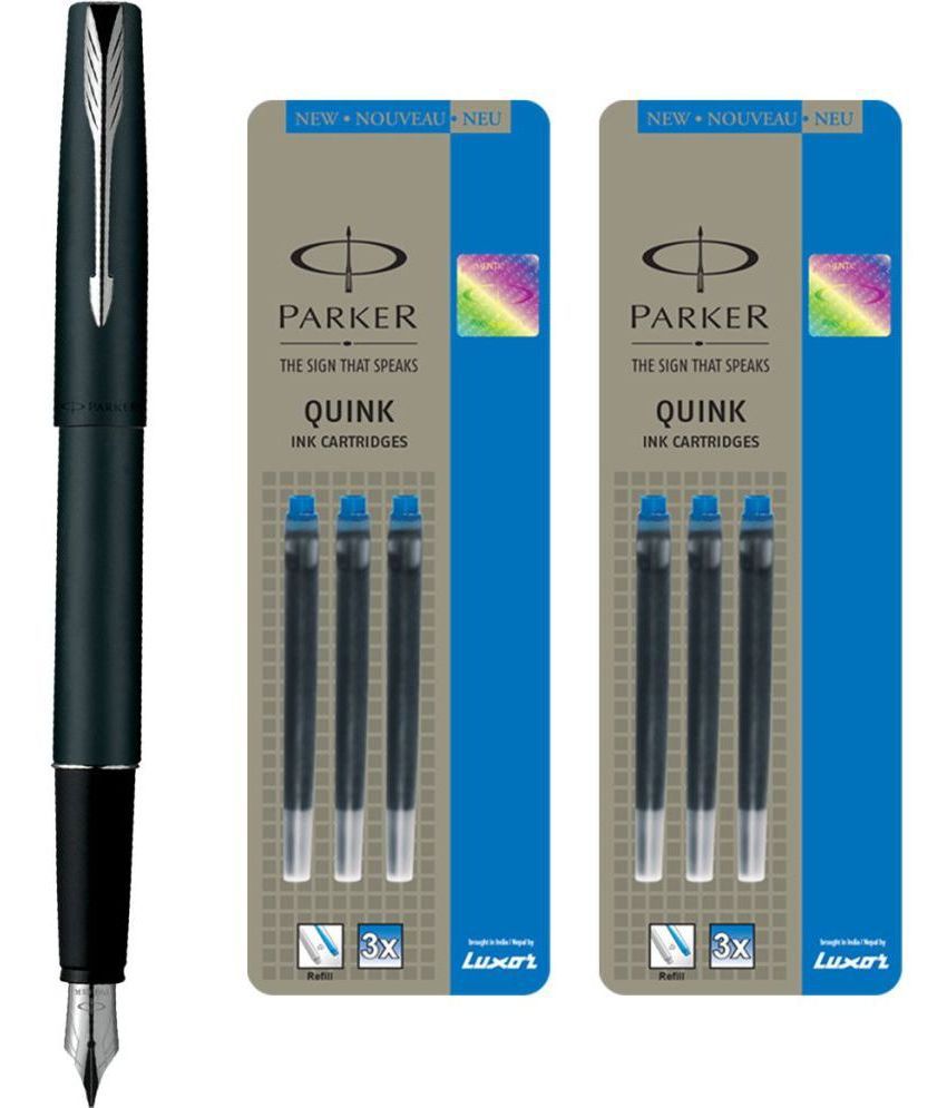     			Parker Frontier Matte Black Ct Fountain Pen With 6 Blue Quink Ink Cartridge (Pack Of 3, Blue)