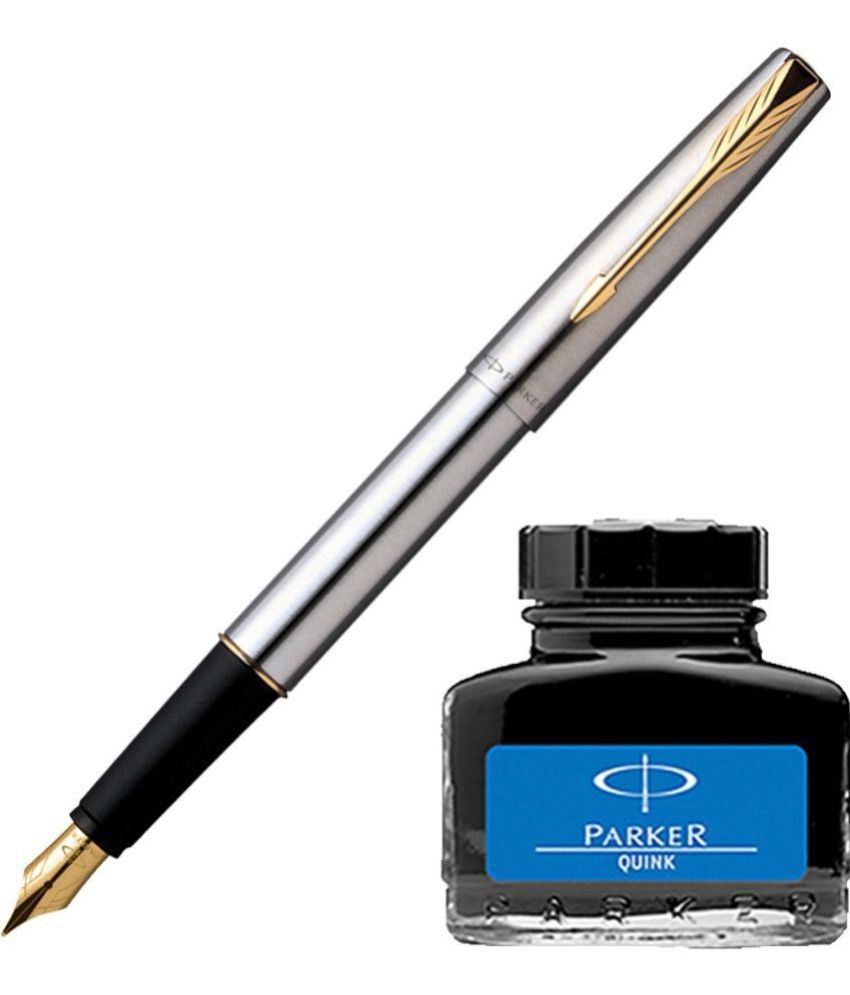     			Parker Frontier Stainless Steel Gt Fountain Pen With Blue Quink Ink Bottle (Pack Of 2, Blue)
