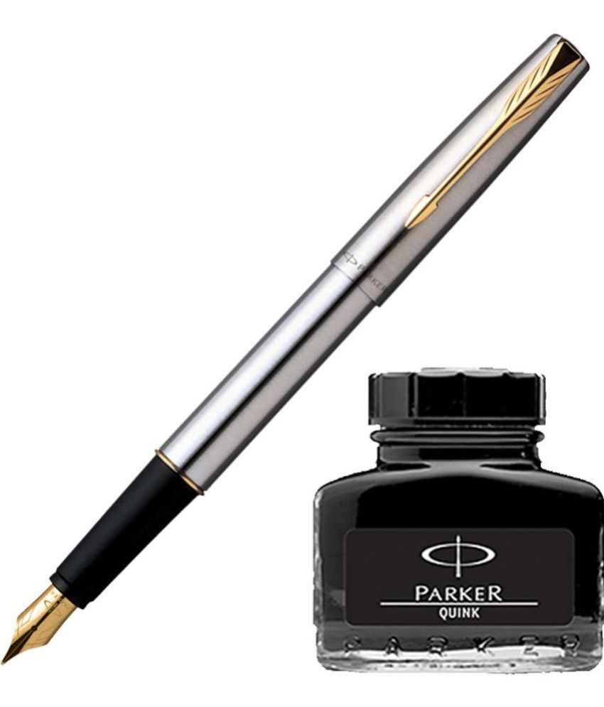     			Parker Frontier Stainless Steel Gt Fountain Pen With Black Quink Ink Bottle (Pack Of 2, Black)