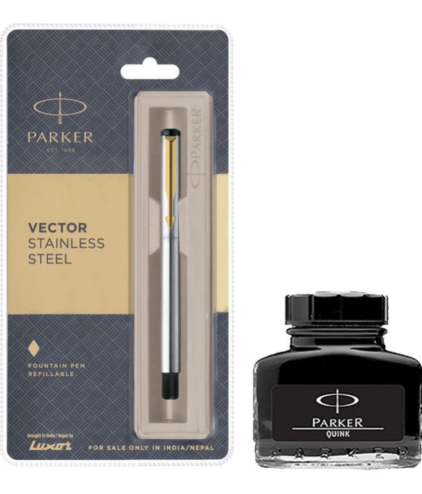     			Parker Vector Stainless Steel Gt Fountain Pen With Black Quink Ink Bottle (Pack Of 2, Black)