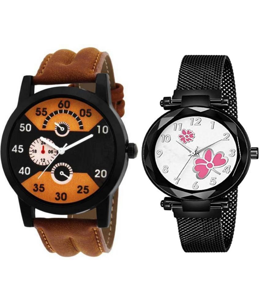     			newmen - Brown Leather Analog Couple's Watch