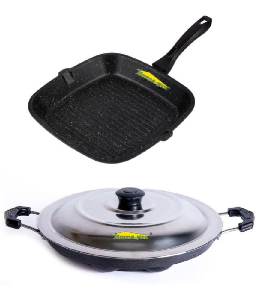    			HomePro Non-Stick Set, Grill Pan 26 cm, Black Appam Patra with Steel Lid 12 Cavity (Pack of 2)