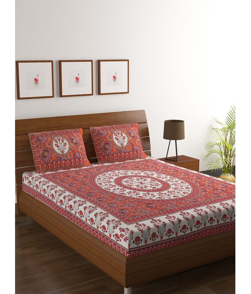    			HOMETALES Poly Cotton Floral Double Bedsheet with 2 Pillow Covers - Red