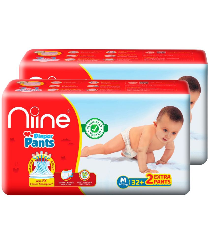     			Niine Baby Diaper Pants Medium(M) Size (Pack of 2) 68 Pants for Overnight Protection with Rash Control
