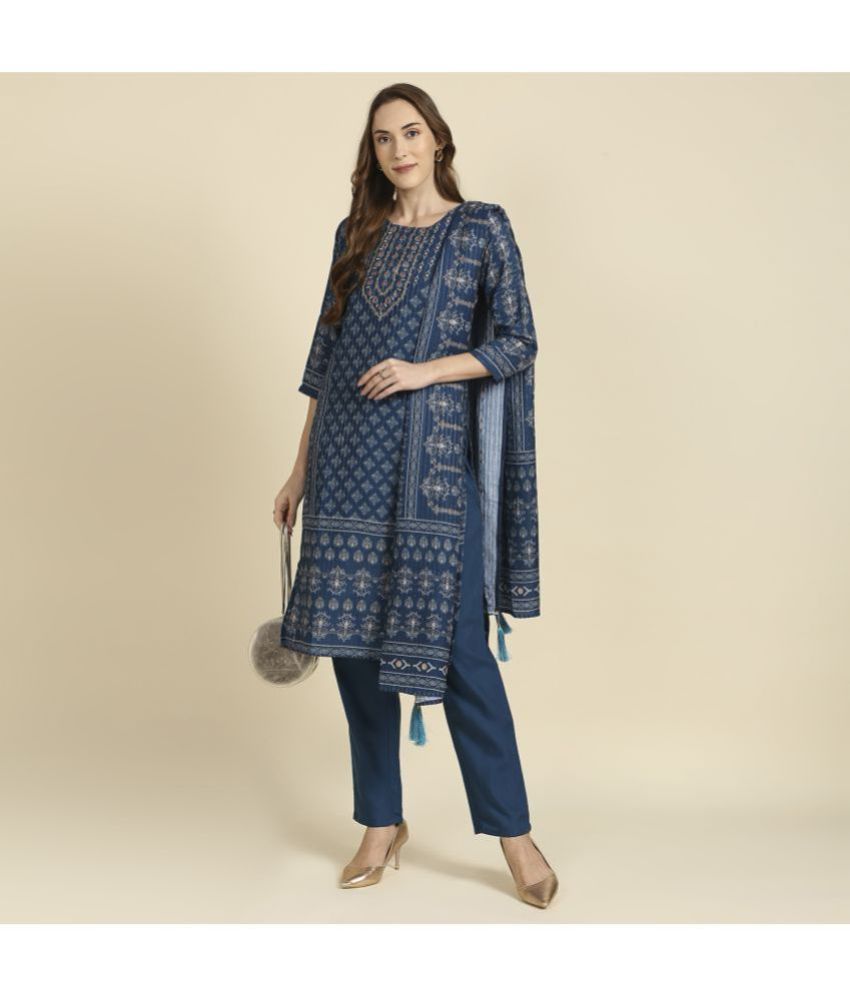     			Madhuram Textiles - Blue Straight Cotton Women's Stitched Salwar Suit ( Pack of 1 )