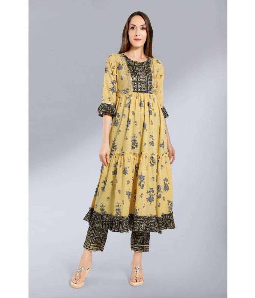     			Madhuram Textiles - Yellow Anarkali Cotton Blend Women's Stitched Salwar Suit ( Pack of 1 )