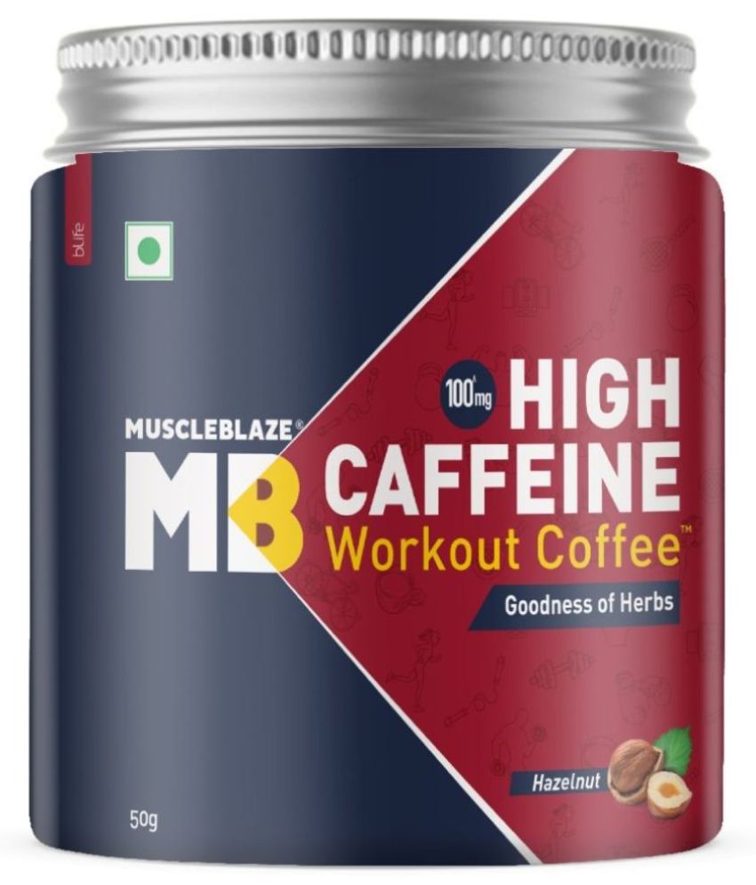 MuscleBlaze High Caffeine Workout Coffee with Ayurvedic Herbs, Instant Coffee Powder (Hazelnut, 50 g)