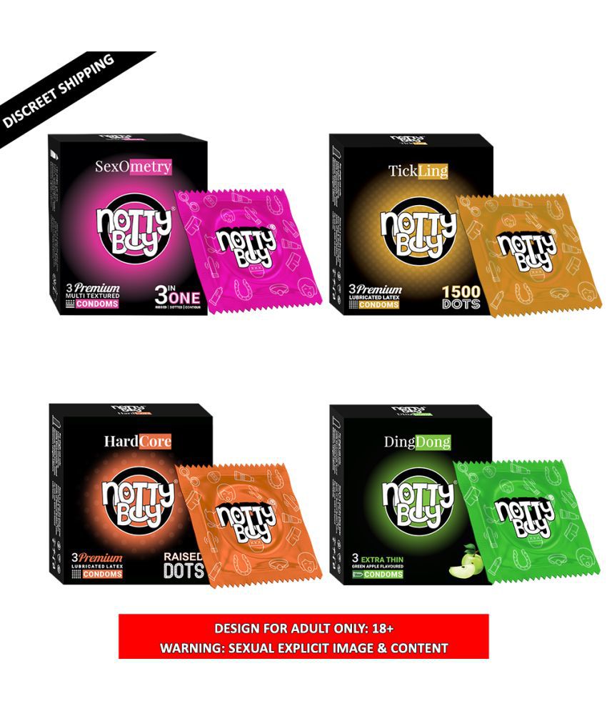     			NottyBoy 3in1 Multi Textured Ribbed Dotted Contoured, 1500 Raised Dots, and Fruits Flavoured Condoms - ( Set of 4, 12 Sheets)