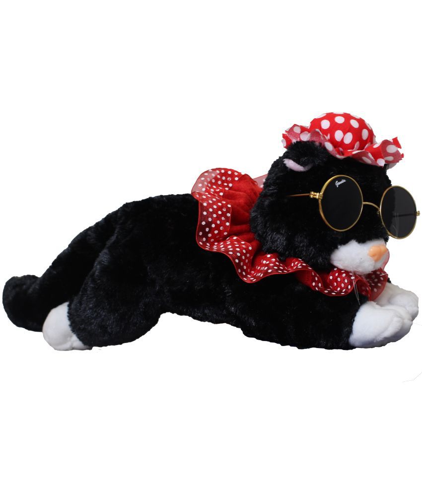     			Tickles Soft Stuffed Plush Animal Laying Cat Wearing Dress, Hat & Googles Toy for Kids Room  (Color: Black Size: 20 cm)