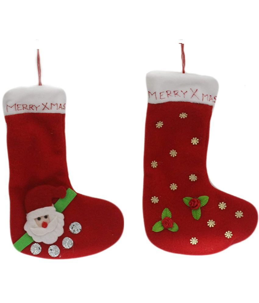     			Tickles Merry Christmas Santa Claus Soft Sock for X-MAS Tree Decoration Kids Christmas Birthday Gift (Color: Red ; Size: 25 cm) (Set of 2)