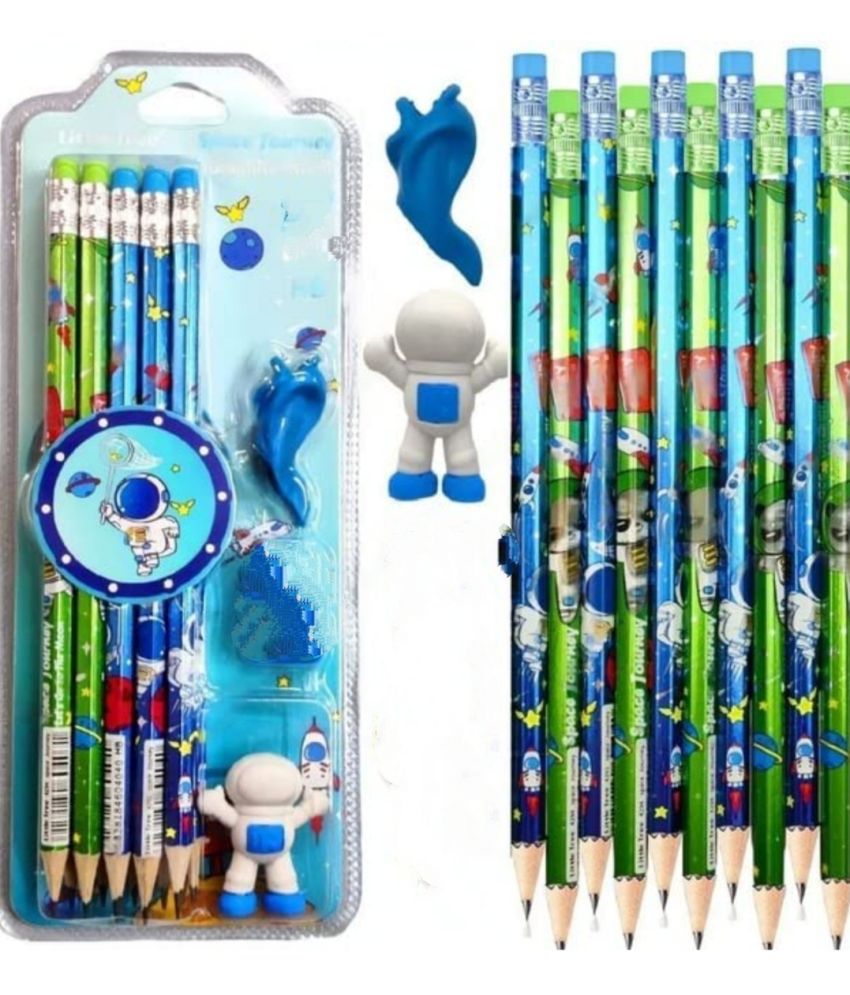     			YESKART -SPACE JOURNEY Design Pencils with Eraser, Fancy School Stationery Set for Kids, 10 Pcs HB Pencils With 2 Eraser (PACK OF 1)