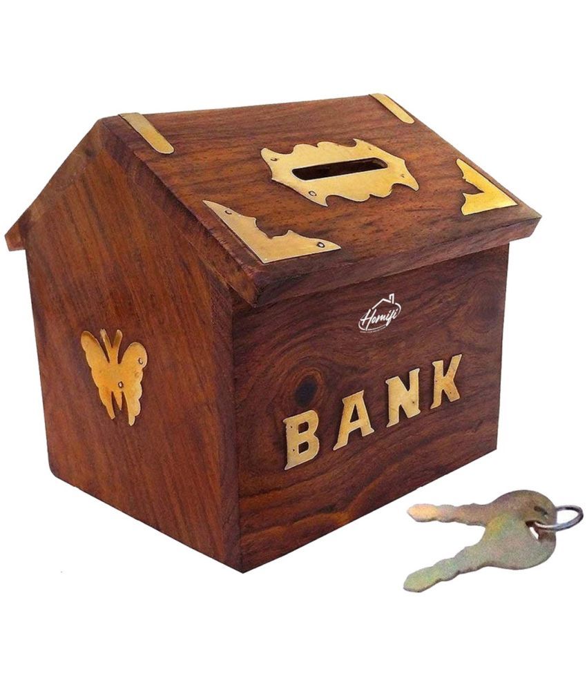     			HOMIFI Wooden Hatty Handmade Piggy Bank / Money Bank / Coin Bank Hut with Locking System with Engraved Brass Design for Kids / Men / Women and Adults (Hut)