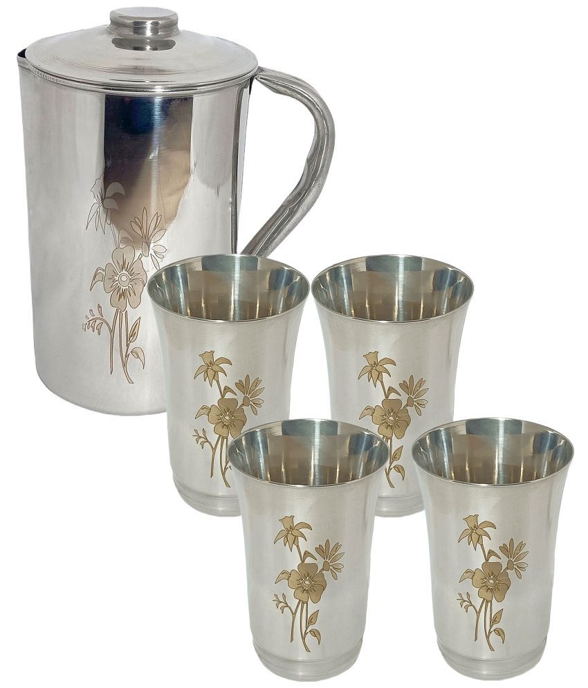    			A & H ENTERPRISES Daily Use Floral Stainless Steel Jug and Glass Combo 1800 mL