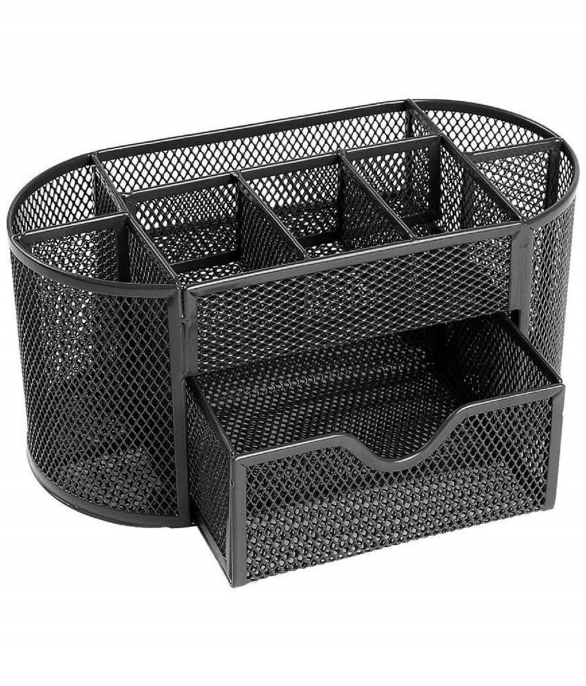     			JELLIFY 9 Compartments Metal Mesh Desk Organizer, Office Table with 1 Drawer Desktop Supplies  (Black)