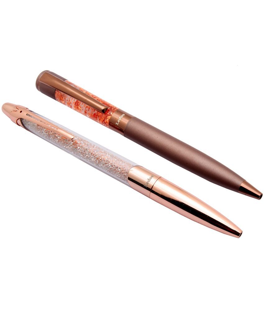     			Srpc Set Of 2 Crystal Cap Retractable Ballpoint Pens Rose Gold & Brown Metal Body Blue Refill