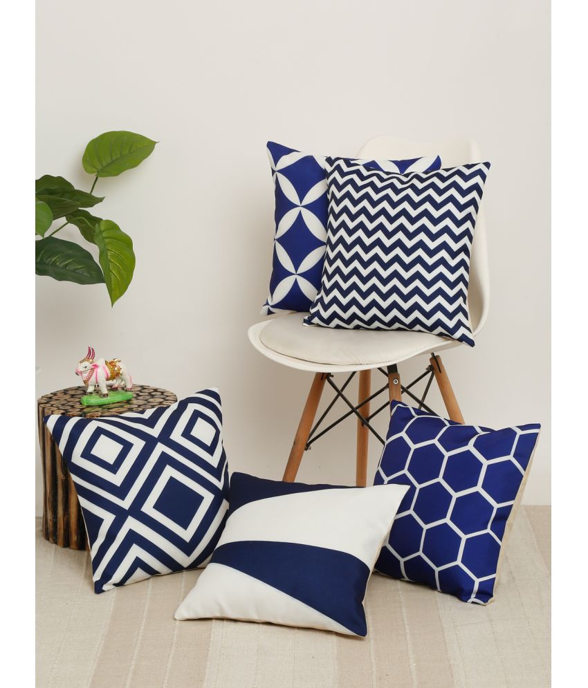     			HOMETALES Pack of 5 Jute Abstract Printed Square Cushion Cover 40x40 Cm Blue
