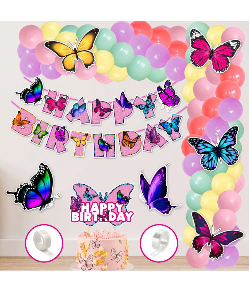     			Zyozi  Butterfly Theme Balloon arc decoration,Butterfly Theme Birthday for Girls with Happy Birthday Banner Cardstock Cake Toppers Balloons Birthday Decoration Kit (Pack of 60)
