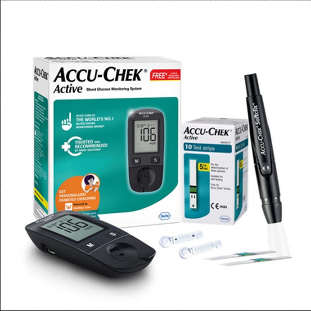 Accu-Chek Active Blood Glucose Monitor Kit With 10 Strips, 10 Lancets and a Lancing Device for Accurate Blood Sugar Testing