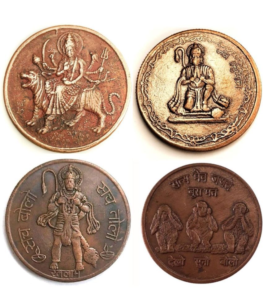     			East India Company - MaDurga Hanuman sit 3Monkey Hanuman gift 4 Antique Figurines