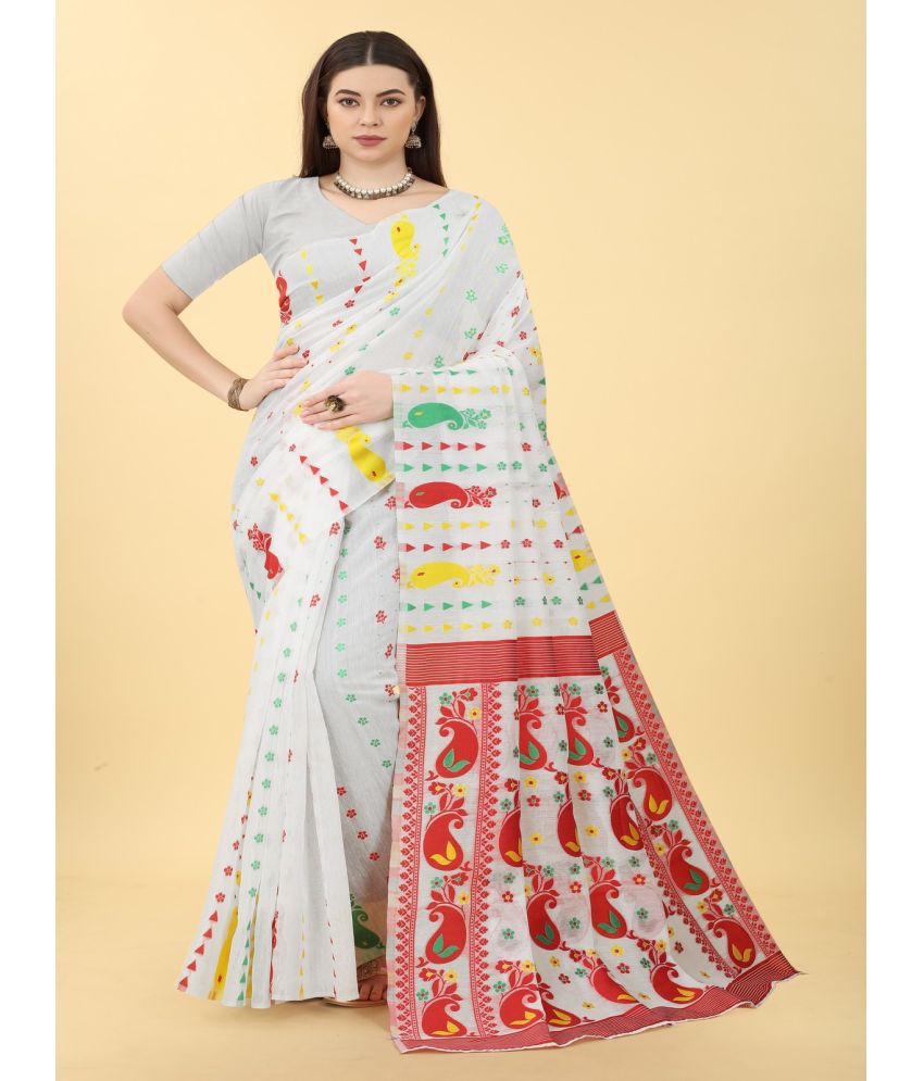     			NENCY FASHION - White Cotton Saree With Blouse Piece ( Pack of 1 )