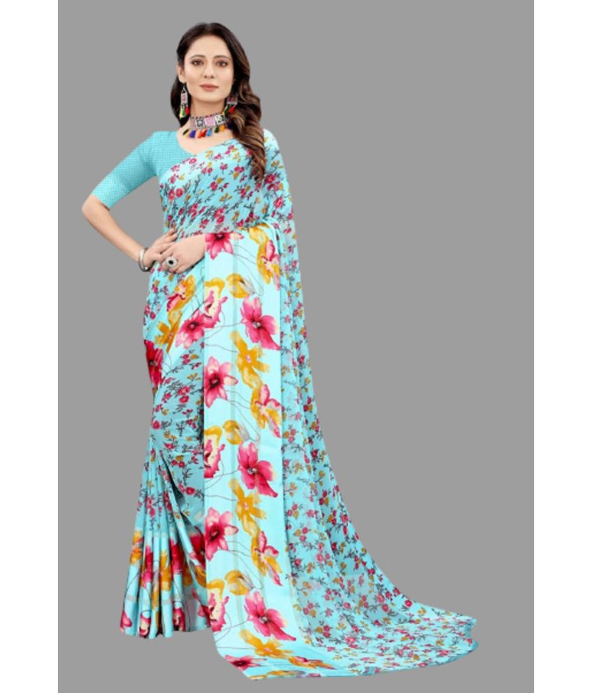     			Sitanjali Lifestyle - SkyBlue Georgette Saree With Blouse Piece ( Pack of 1 )