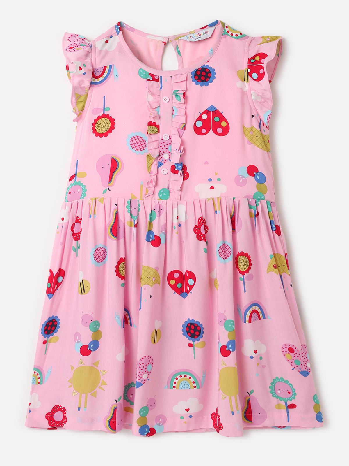     			UrbanMark Junior Girls Rayon Printed Sleeveless Dress With Ruffle Sleeves-Pink