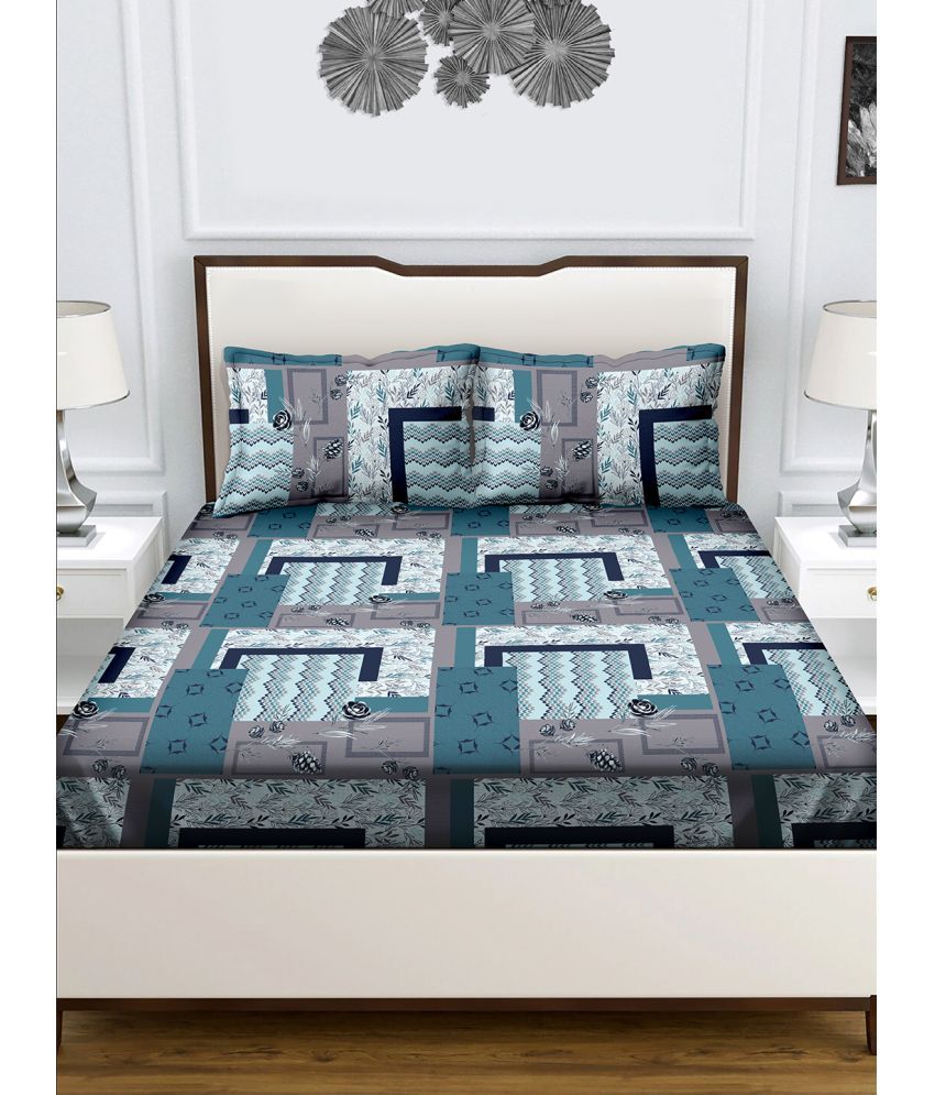     			Bella Casa - Blue Cotton Double Bedsheet with 2 Pillow Covers