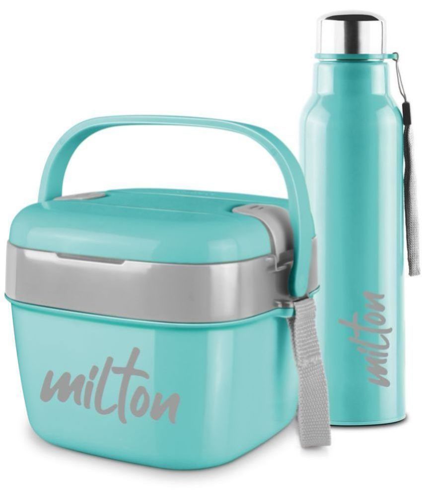     			Milton Cube Lunchmate (Steel Fit Insulated Water Bottle 630 ml & Cubic Big Tiffin 1.1L )Aqua Green