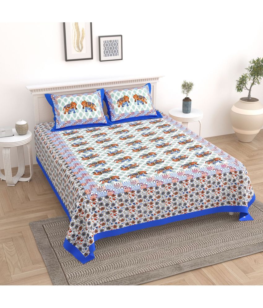     			Uniqchoice - Blue Cotton Double Bedsheet with 2 Pillow Covers