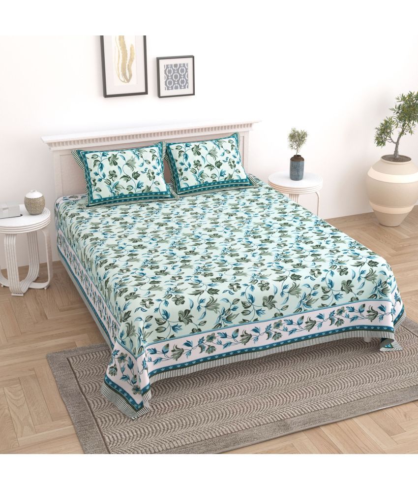     			Uniqchoice - Blue Cotton Double Bedsheet with 2 Pillow Covers