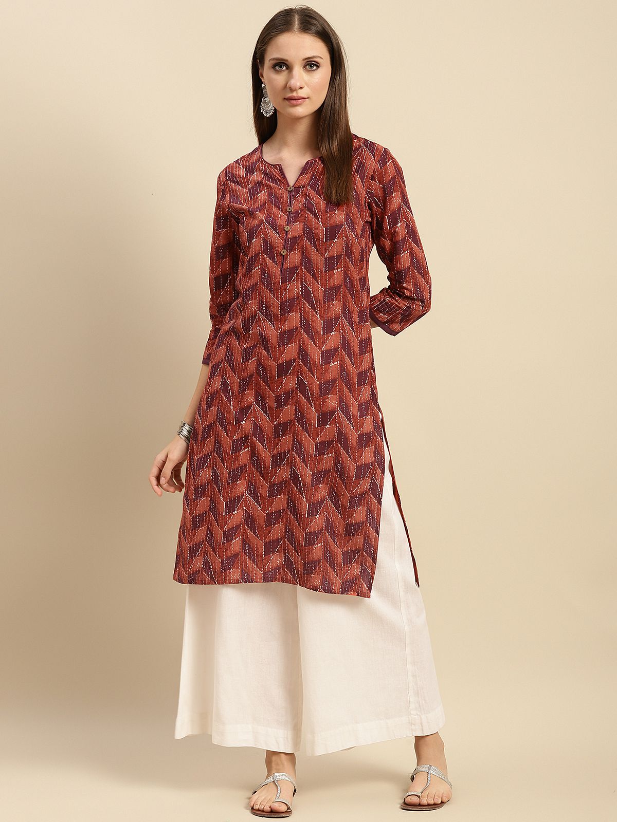     			Rangita Women 100% Cotton Peach Geometric printed Knee length straight kurti