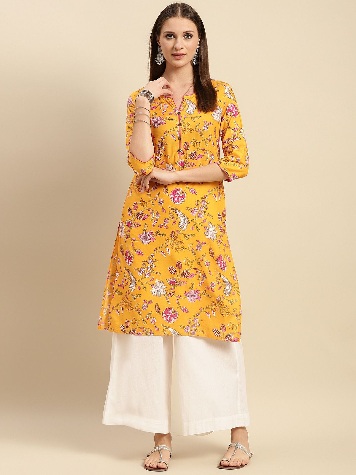     			Rangita Women 100% Cotton Yellow Floral Printed Knee Length Straight Kurti