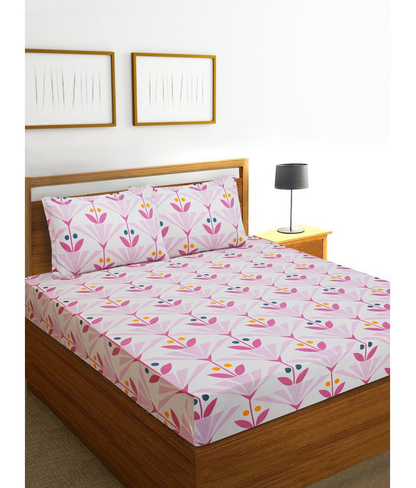     			HOMETALES Microfiber Floral Double Bedsheet with 2 Pillow Covers-Pink