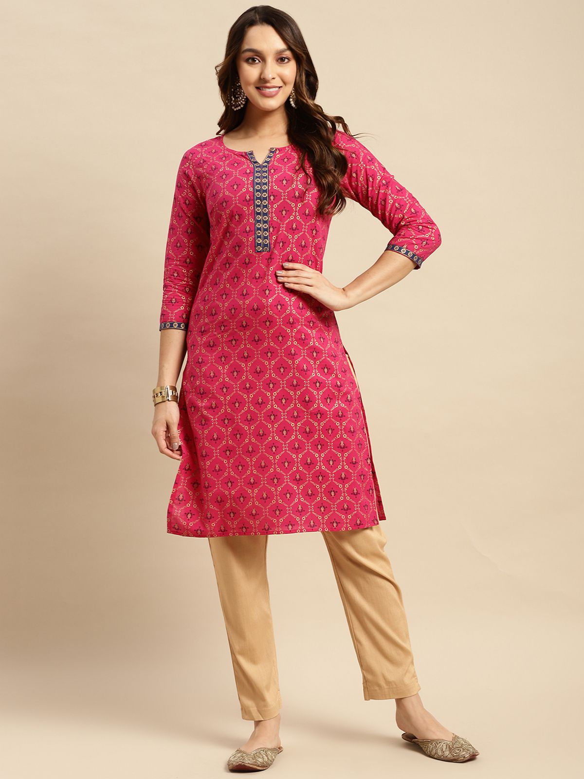     			Rangita Women 100% Cotton Pink Contrast Placket Gold Printed Knee Length Straight Kurti