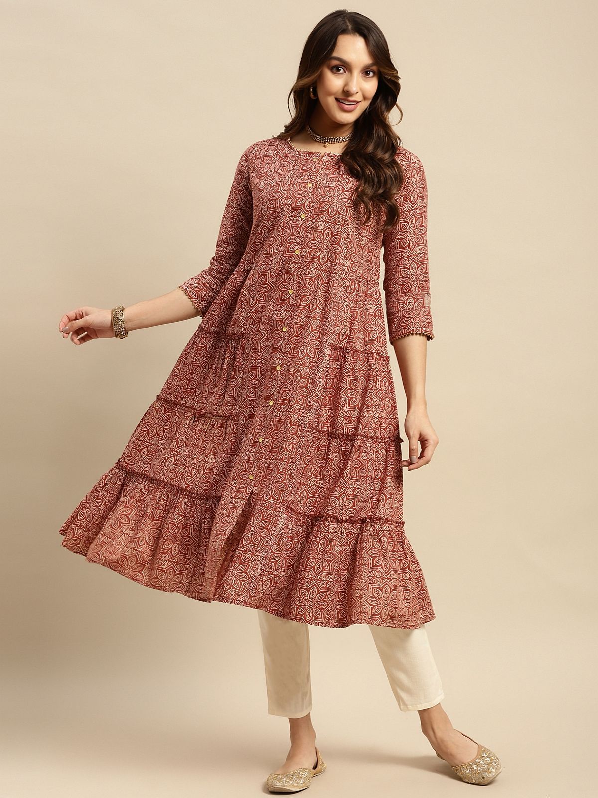     			Rangita Women 100% Cotton Rust Tonal Printed Calf Length Tiered Kurti