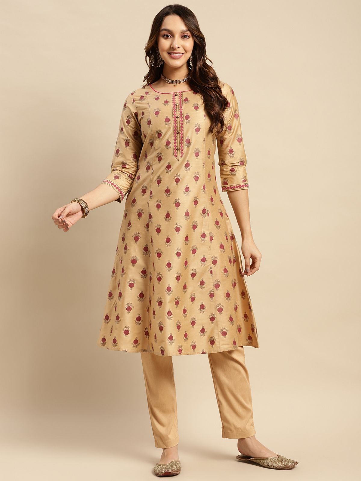     			Rangita Women Beige Gold Printed Calf Length Kalidar A Line Kurti